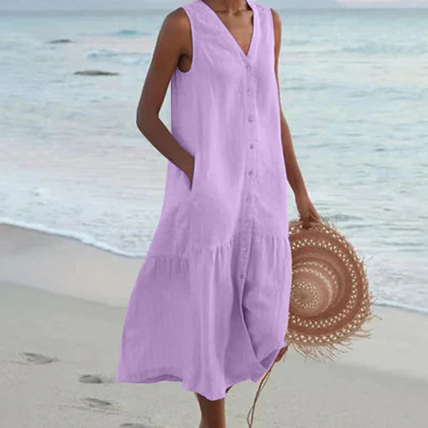 Heidi-Mode | Ärmelloses Knopfkleid mit V-Ausschnitt Strandkleid