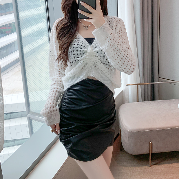 Heidi-Mode | PU-Leder Rock Satz Plissierte Culottes Pullover
