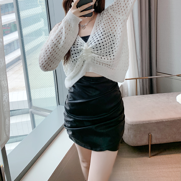 Heidi-Mode | PU-Leder Rock Satz Plissierte Culottes Pullover