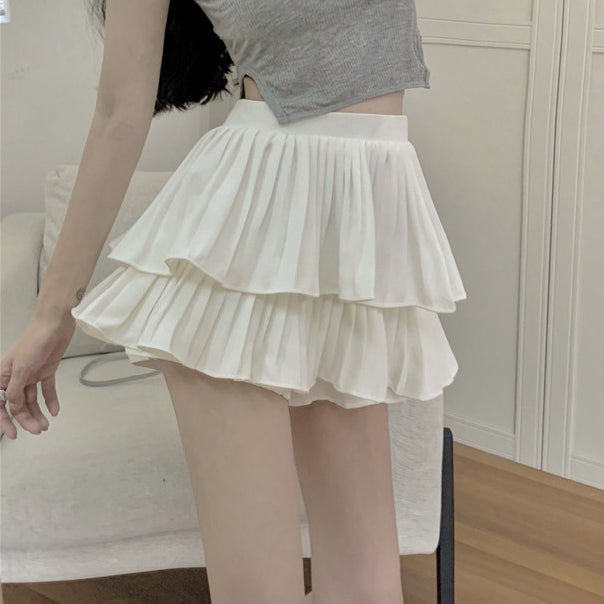 Heidi-Mode | Puffiger Rock Doppellagiger Plissierter Kuchen Culottes Shorts