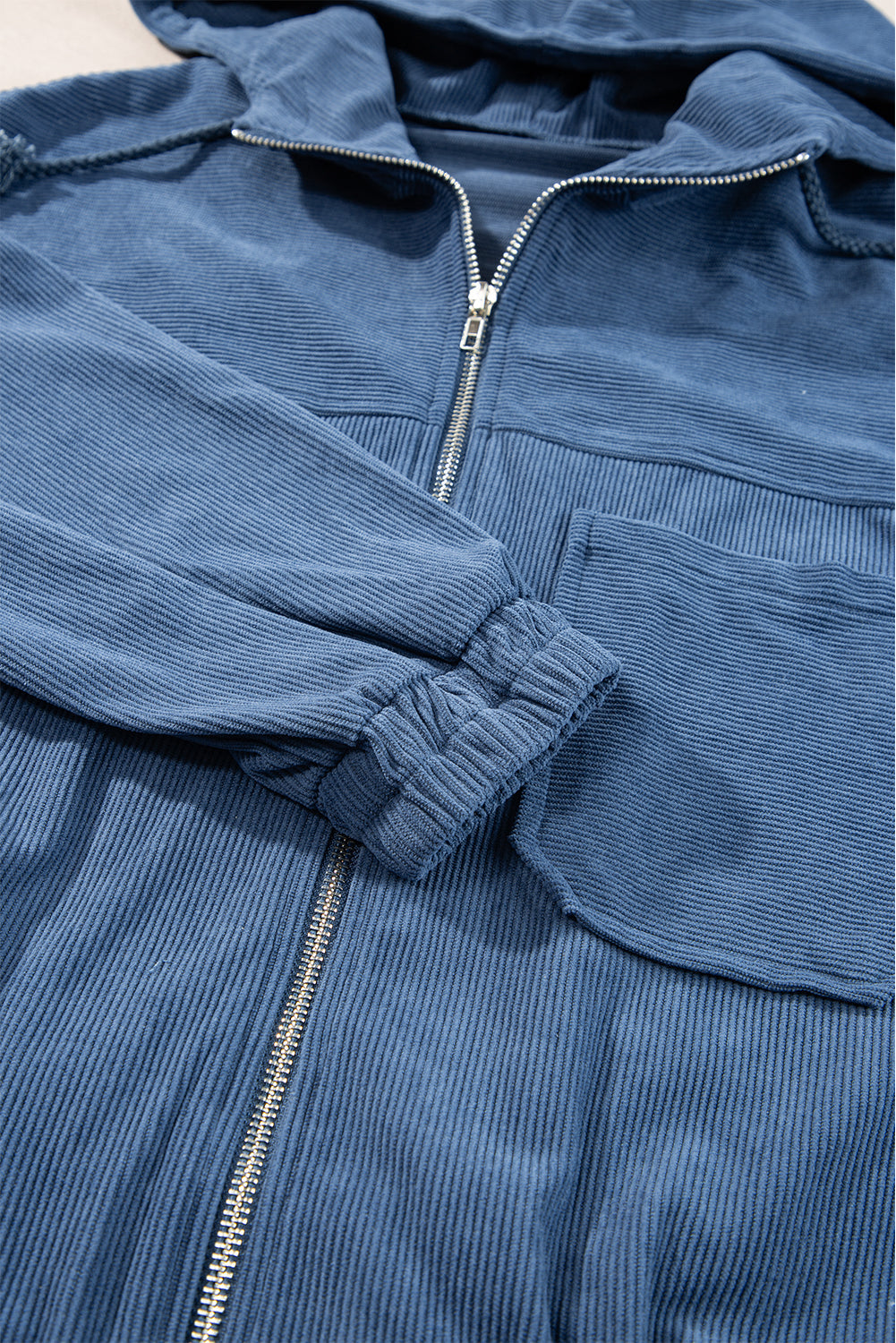 Blaugrüne Cordjacke Mit Kordelzug Und Kapuze Und Reißverschluss