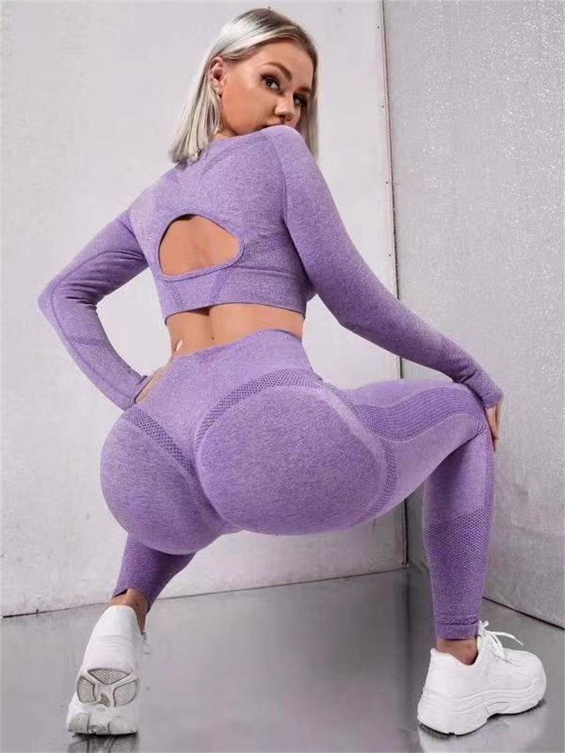 Heidi-Mode | 2-Teiliges Sportbekleidung-Set mit Langarm, Durchbrochendem Design und Hochtaillierten, Nahtlosen Fitness-Leggings