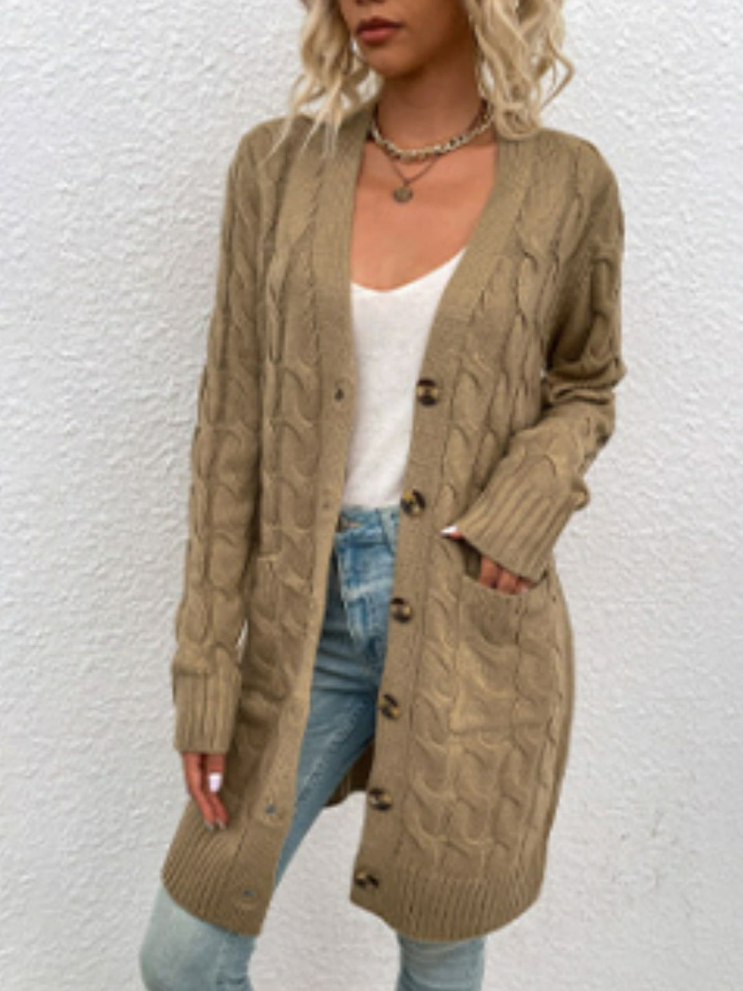 Heidi-Mode | Kabelstrick Knopfverschluss Cardigan mit Taschen