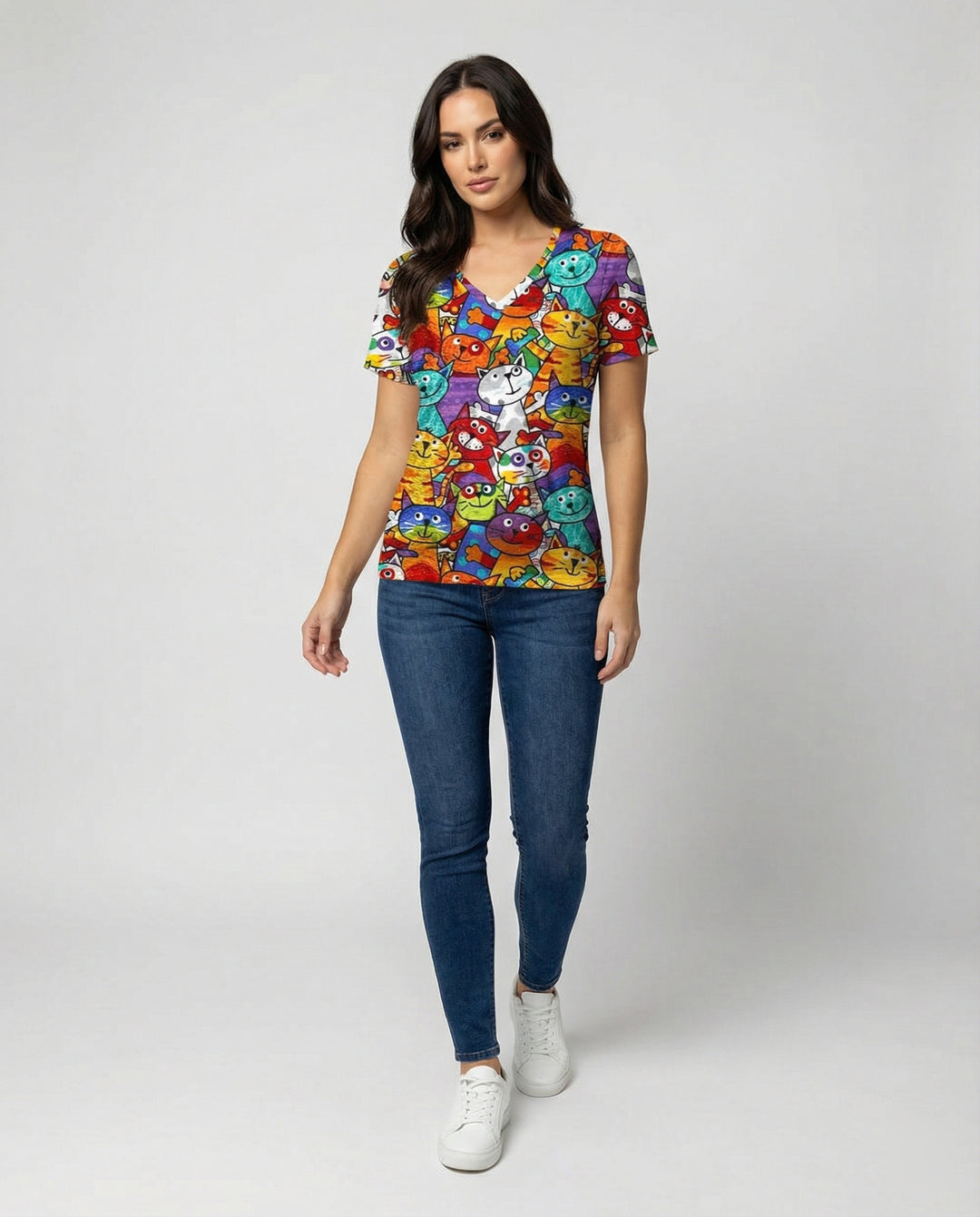 Heidi-Mode | Bequemes T-Shirt Mit Buntem Katzenprint Für Damen