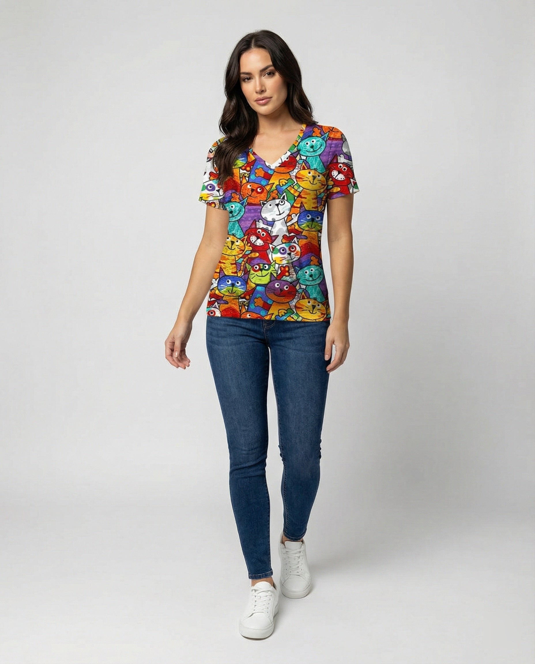 Heidi-Mode | Bequemes T-Shirt Mit Buntem Katzenprint Für Damen