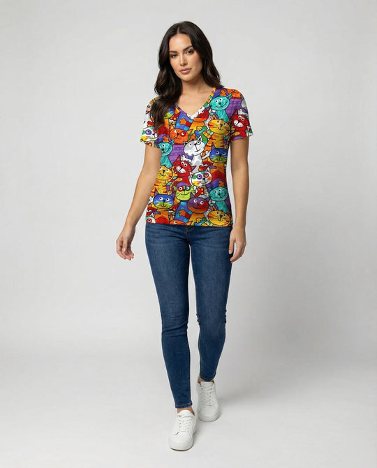 Heidi-Mode | Bequemes T-Shirt Mit Buntem Katzenprint Für Damen