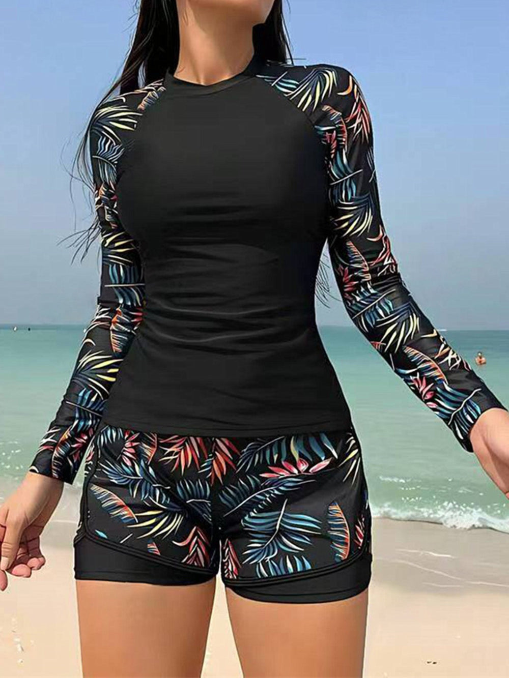 Heidi Mode | Langarm Print Spleißen Doppelhose Tankini Badeanzug