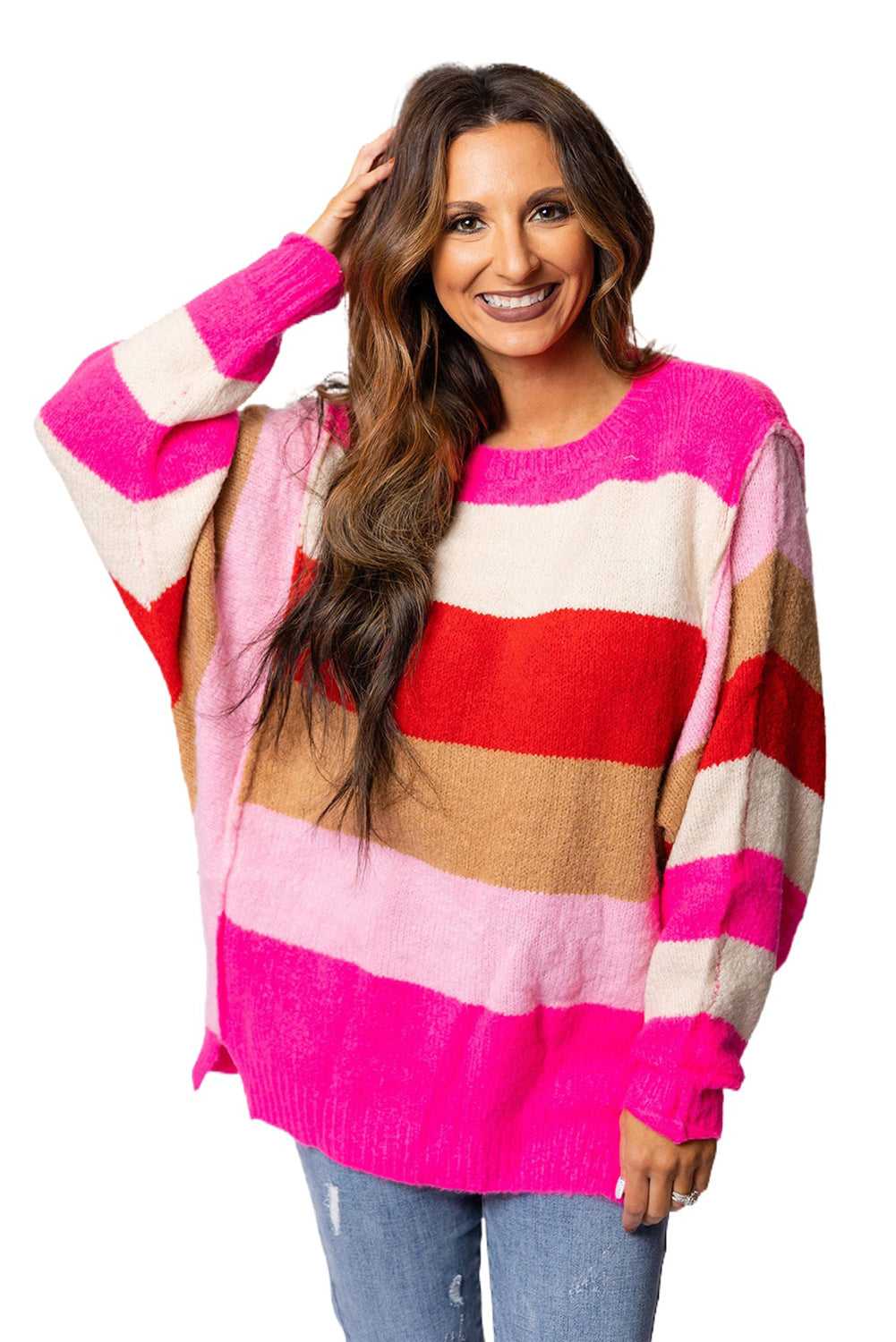 Roter Mix Horizon Stripes Pullover Mit Dolman-Ärmeln