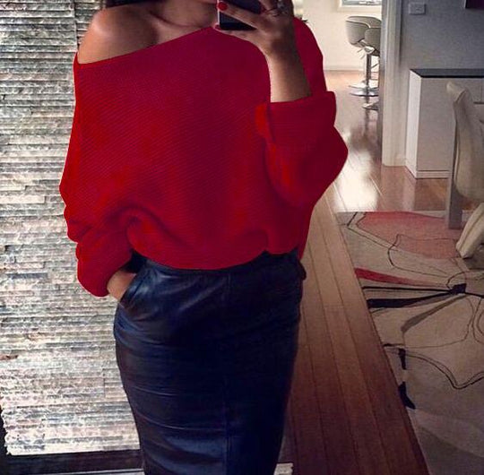 Damen lässiger Pullover mit weitem Schnitt und offener Schulter Heidi-Mode