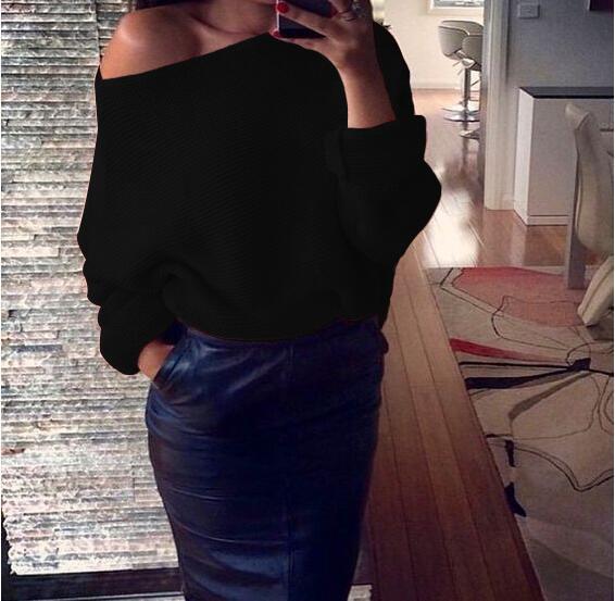 Damen lässiger Pullover mit weitem Schnitt und offener Schulter Heidi-Mode