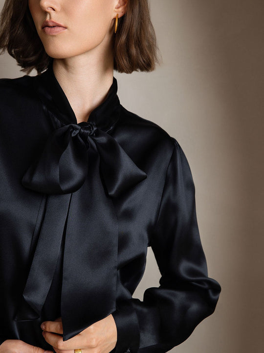 Heidi-Mode | Damen Elegante Seidenbluse mit Schlipskragen und Langen Ärmeln