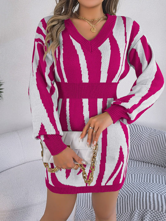 Heidi-Mode | Rüschen Druck V-Ausschnitt Langarm Pullover Kleid