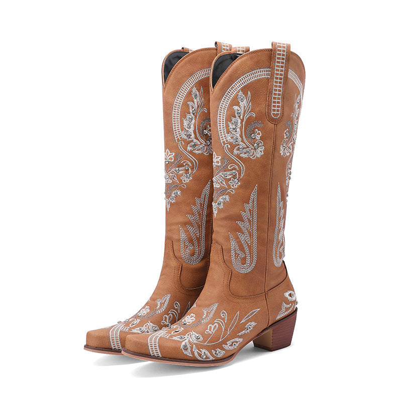 Heidi-Mode | Bestickte Western Denim Retro Damen Knielange Stiefel