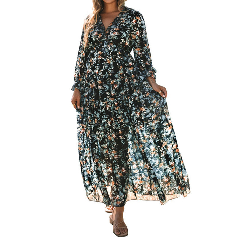 Heidi-Mode | Druck Kleid mit Langen Ärmeln und V-Ausschnitt