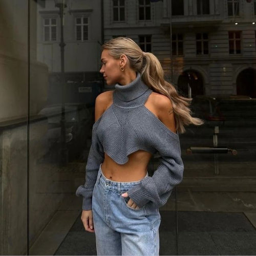 Schulterfreier Crop-Pullover mit Rollkragen