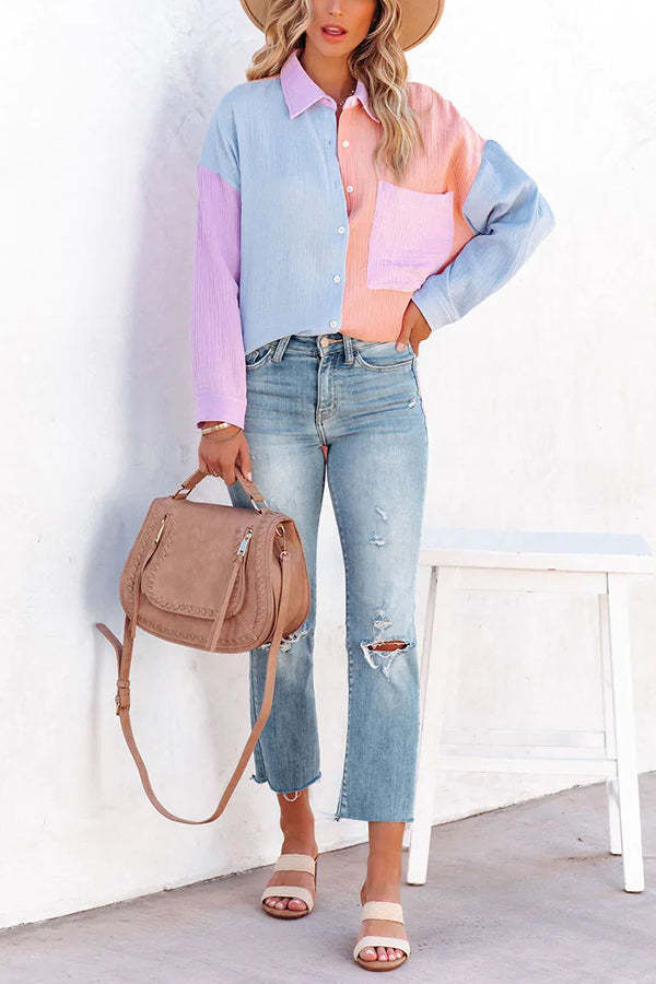 Heidi-Mode | Farbblock Texturoberknopfs Hemd mit Tasche