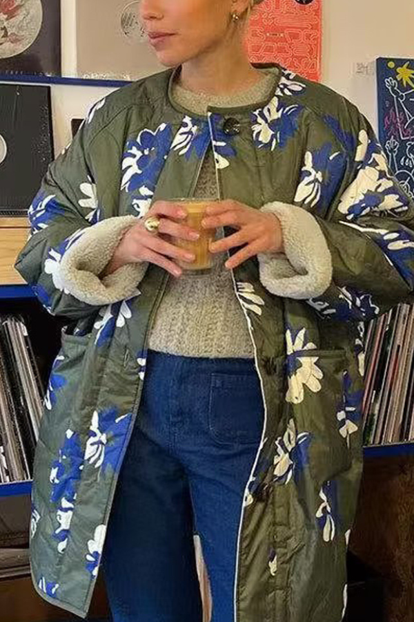 Heidi-Mode | Gedruckte Rundhals Einreihige Dünne Baumwolljacke