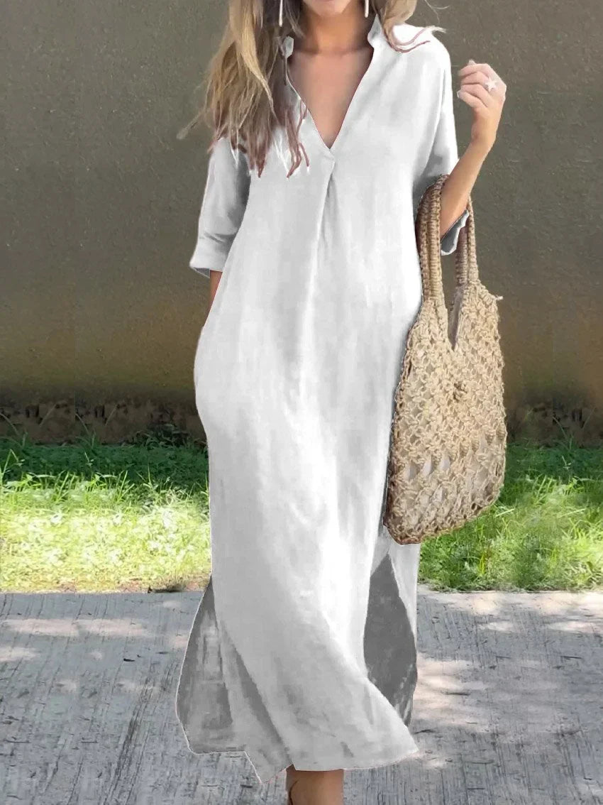 Einfarbiges Damen-kleid mit V-Ausschnitt, Tasche und V-Ausschnitt