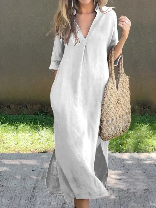 Einfarbiges Damen-kleid mit V-Ausschnitt, Tasche und V-Ausschnitt