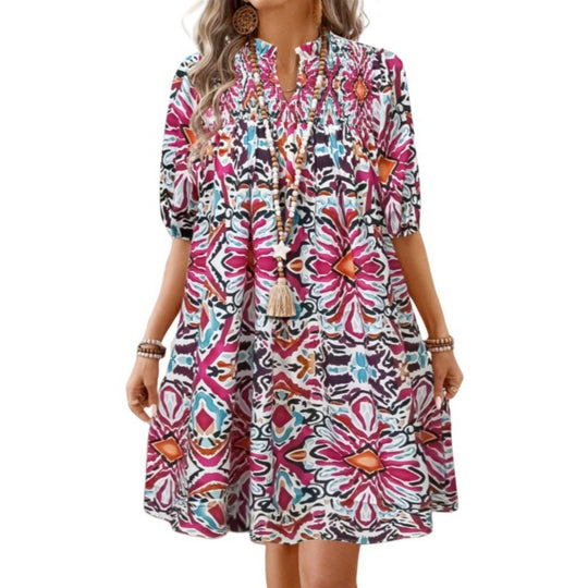 Heidi Mode | Bohemian Women 's Fashion Bedrucktes Kleid mit V-Ausschnitt