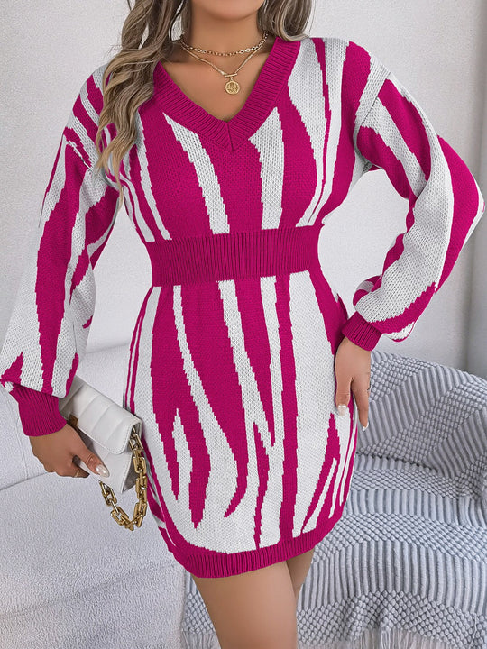 Heidi-Mode | Rüschen Druck V-Ausschnitt Langarm Pullover Kleid