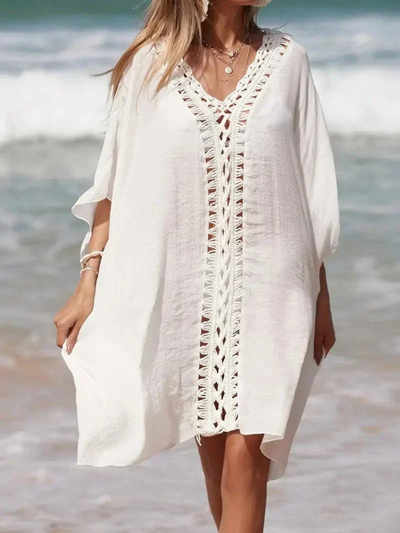 Heidi-Mode | Strand Kimono Leicht und Luftig V-Ausschnitt mit Spitzen Details Kurze Ärmel