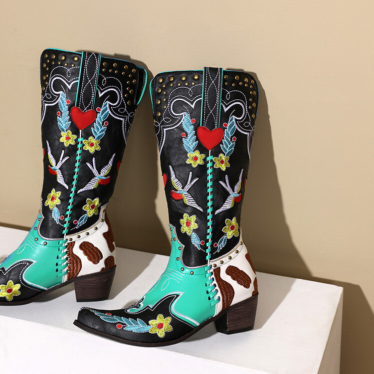 Heidi-Mode | Denim Western Schuhe Damen Leder Stiefel Fantastische Stickerei