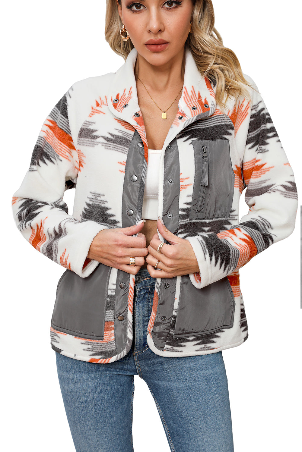 Azteken Fleece Patchwork Jacke Mit Druckknöpfen