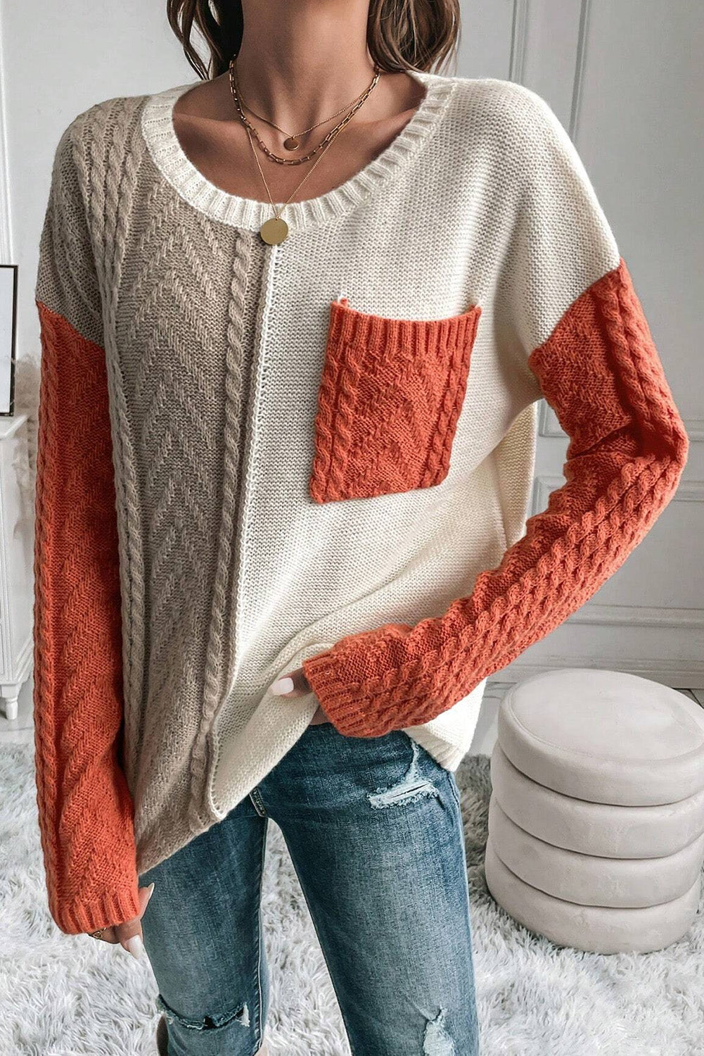 Flame Colorblock Pullover Mit Aufgesetzten Taschen Und Schultertaschen