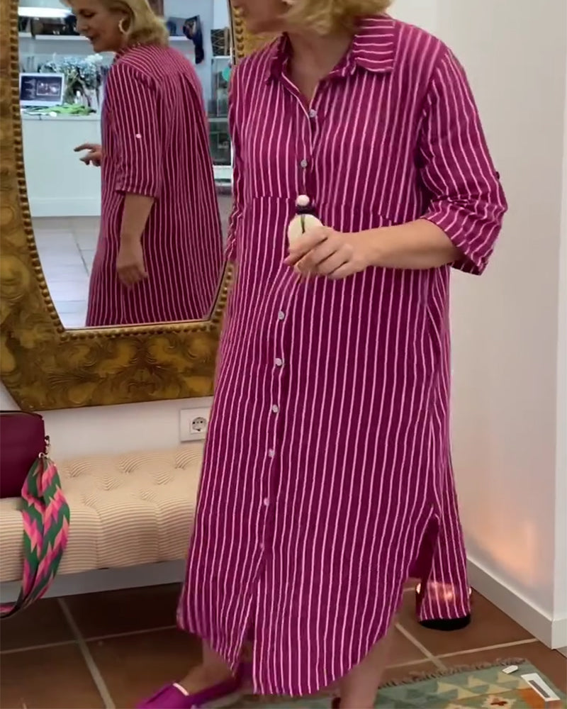 Heidi-Mode | Kleid Revers Knöpfen Gestreiftes Hemd