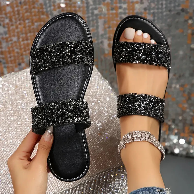 Heidi-Mode | Bequeme Sommerschuhe mit Kristallen, Offene Zehen, Doppelte Riemen, Leicht und Stilvoll