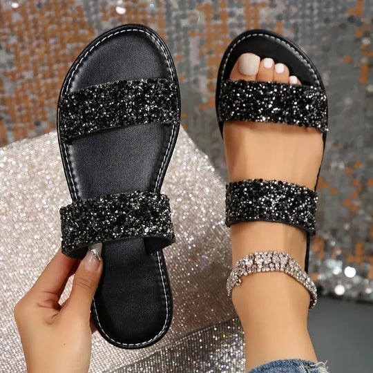 Heidi-Mode | Bequeme Sommerschuhe mit Kristallen, Offene Zehen, Doppelte Riemen, Leicht und Stilvoll