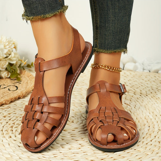 Heidi-Mode | Gewebte Flache Sandalen für Damen Vintage Stil, Geschlossener Zeh, Schnallenverschluss