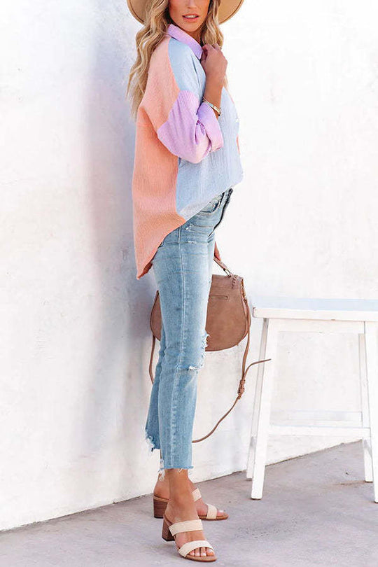 Heidi-Mode | Farbblock Texturoberknopfs Hemd mit Tasche