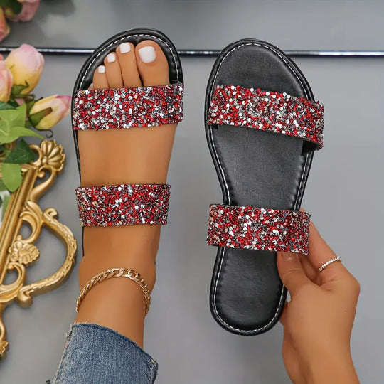 Heidi-Mode | Bequeme Sommerschuhe mit Kristallen, Offene Zehen, Doppelte Riemen, Leicht und Stilvoll