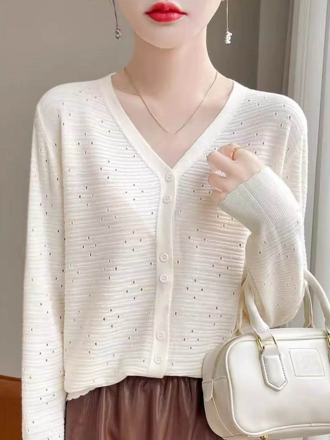Heidi-Mode | Langarm V-Ausschnitt Top Hohlem Strick Cardigan Pink