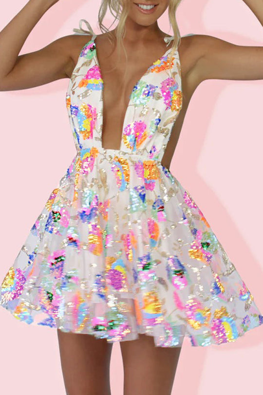 Heidi-Mode | V-Ausschnitt Offene Rücken Pailletten Blumen Binde A-Linie Mini Kleid