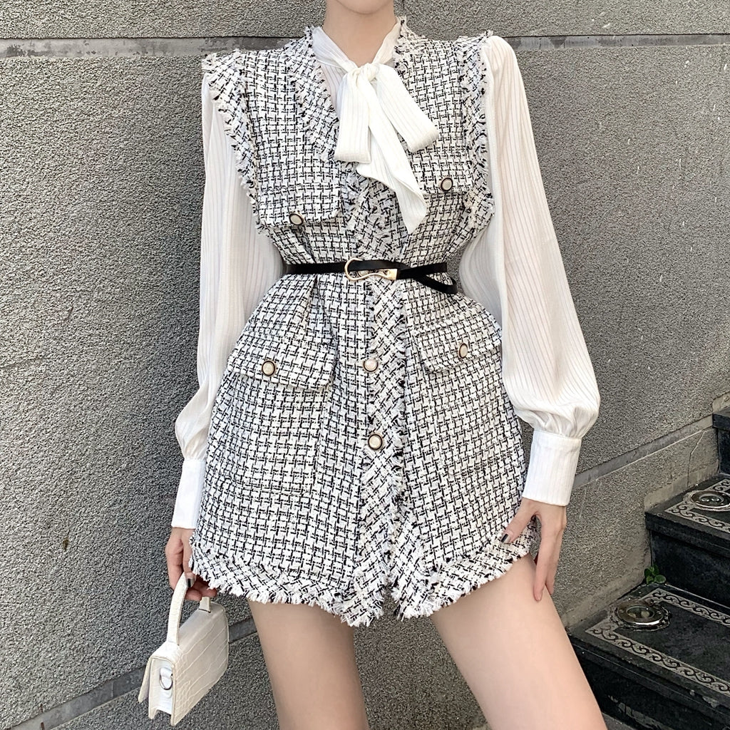 Heidi-Mode | Kariertes Tweed Westen Faltenoberteil Anzug