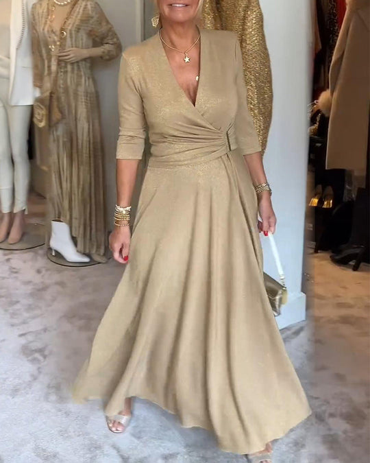 Heidi-Mode | Elegantes, Einfarbiges Kleid mit V-Ausschnitt und Dreiviertelärmeln