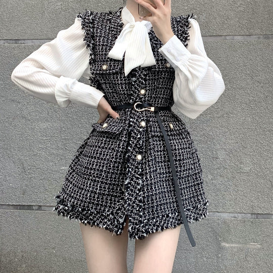 Heidi-Mode | Kariertes Tweed Westen Faltenoberteil Anzug