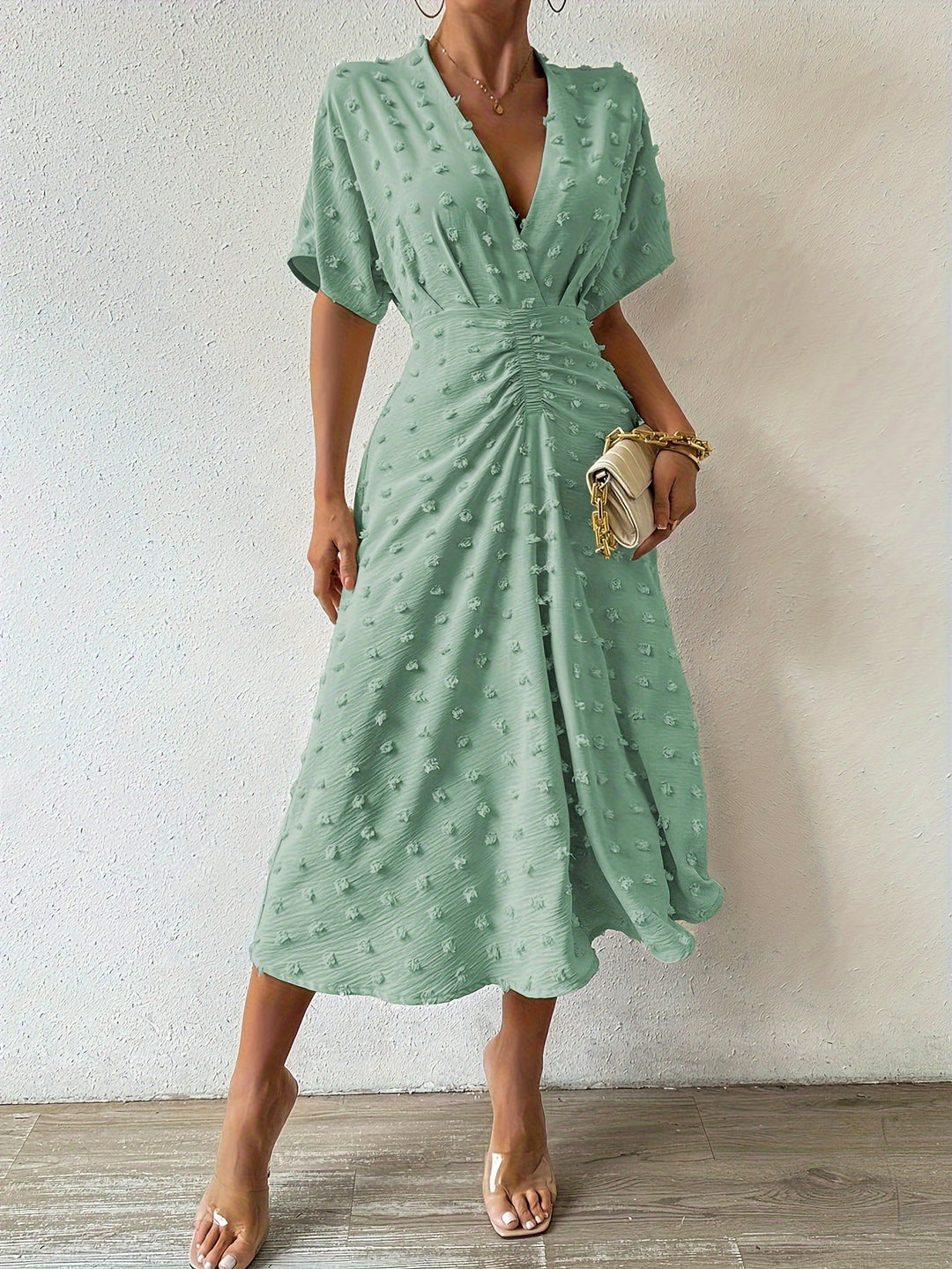 Heidi-Mode | Swiss Dot Rüsch Plissee Tiefer U-Ausschnitt Kurze Ärmel Midi Formelle Kleid für Frauen