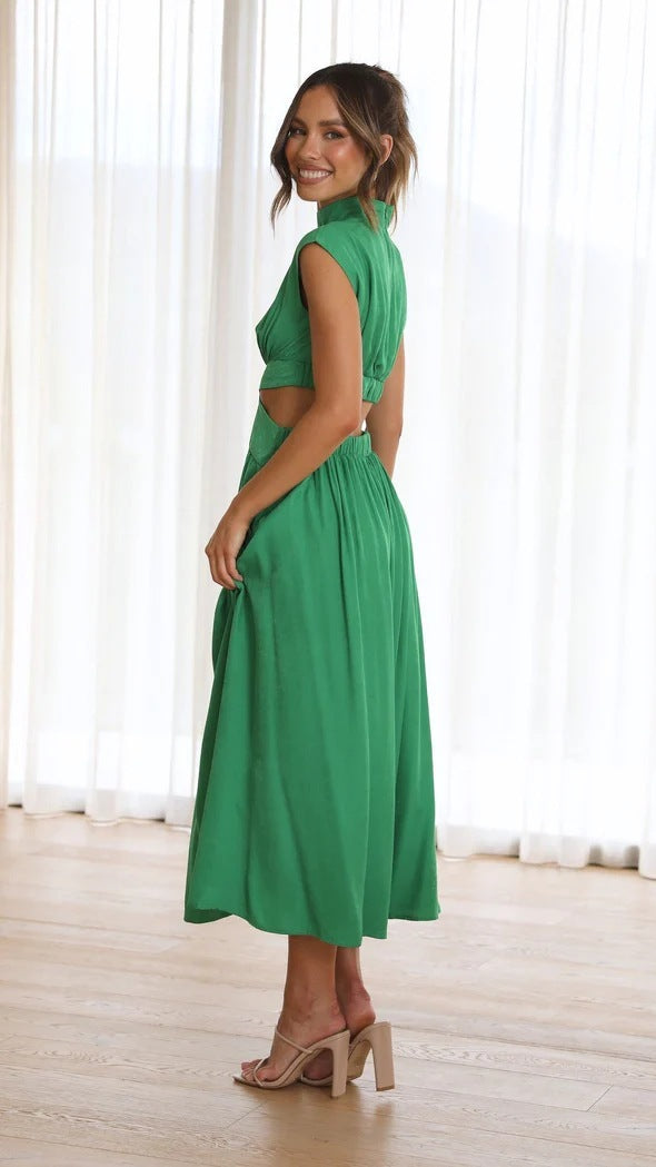 Heidi-Mode | Sommerliche Midikleid mit Hohem Kragen In Soliden Farben