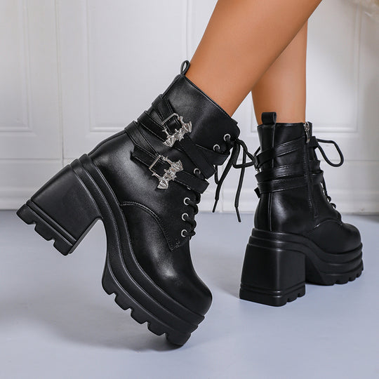 Damen Chunky Stiefel mit dekorativen Riemen und robustem Profil Heidi-Mode