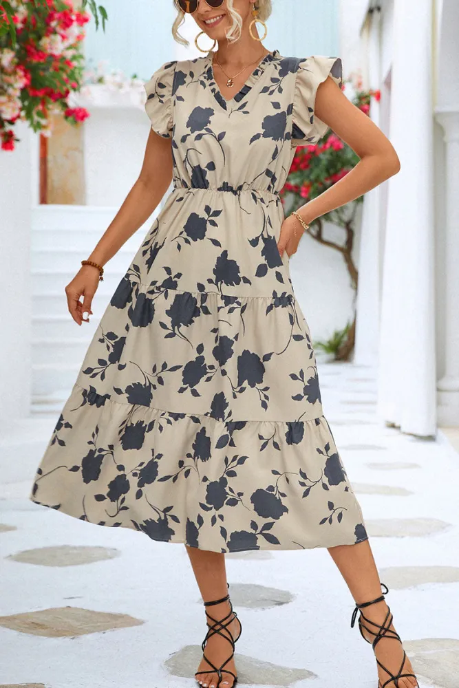 Floral V-Ausschnitt Strand Rüschenärmel Midi Kleid