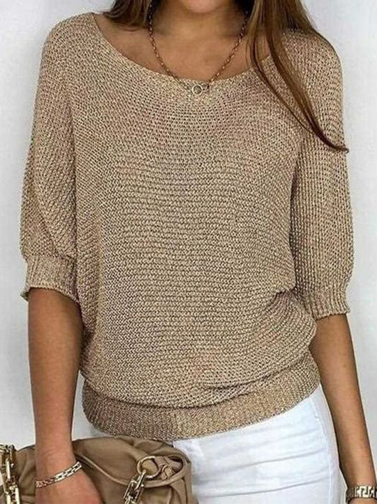 Goldfarbener Rundhals-Pullover in Uni-Farbe