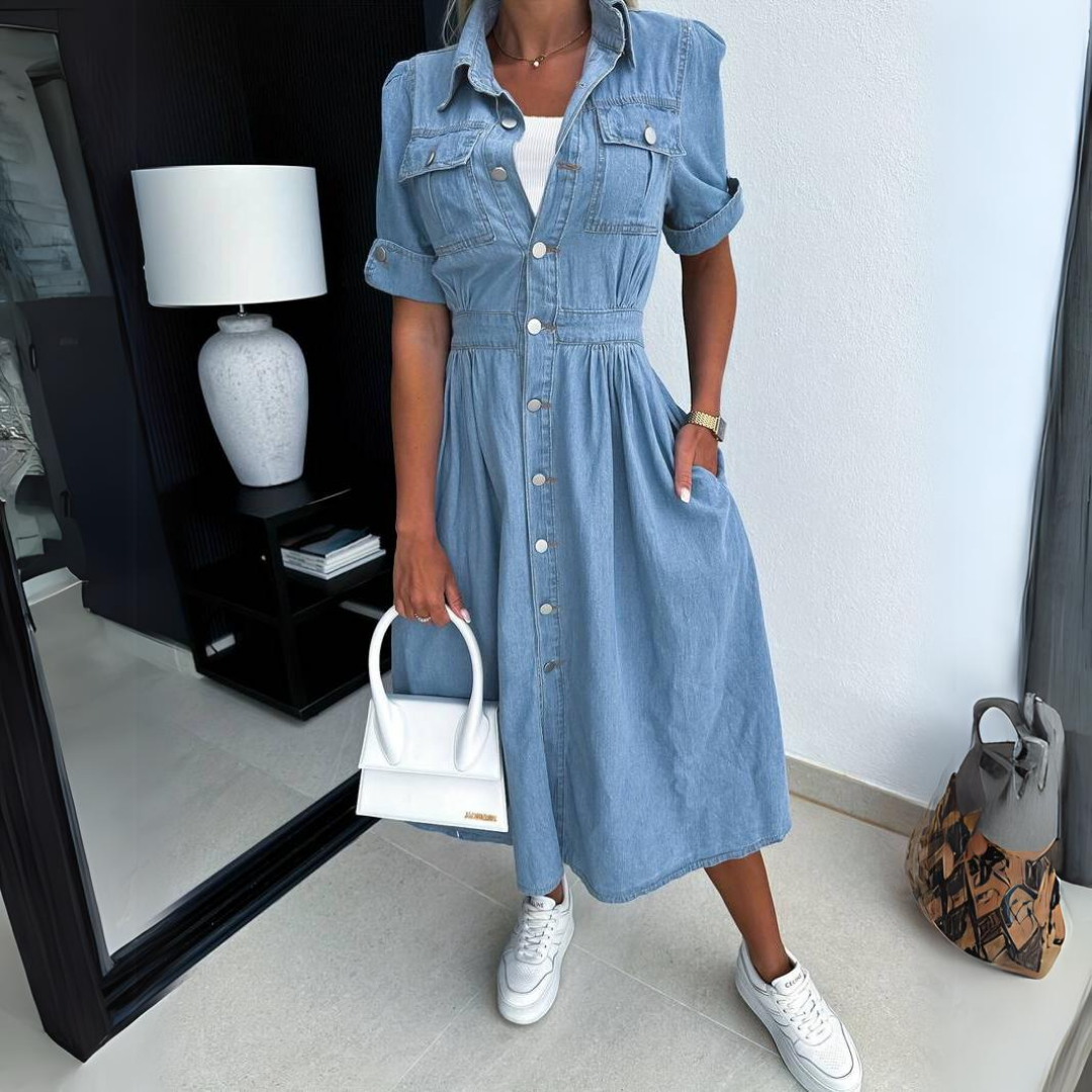 Heidi-Mode | Hemdkleid Denim Knopfverschluss Elastischer Bund Midi Länge mit Taschen