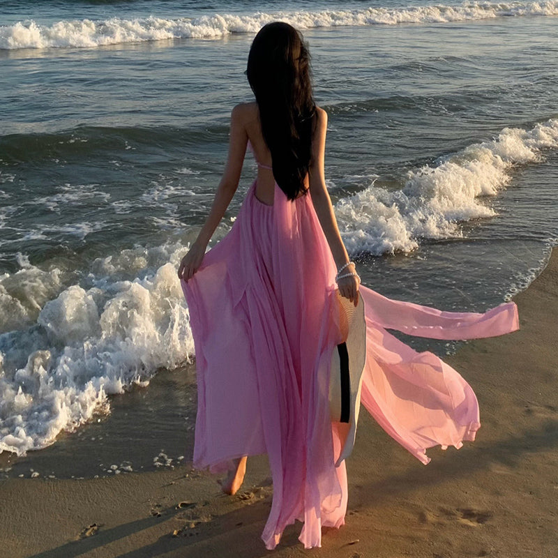 Heidi-Mode | Pink Ribbon Halter Neck Hollow Slit Urlaubskleid