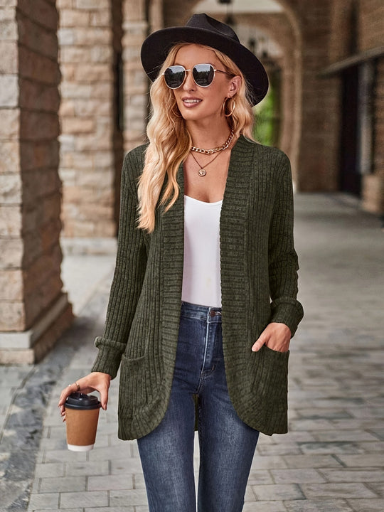 Heidi-Mode | Damen Gerippter Offener Vorderseite Strickjacke Lange Ärmeln Lässig Strickpullover mit Taschen