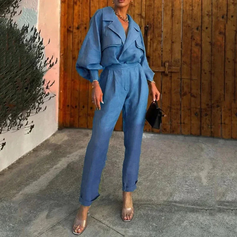Heidi-Mode | Damen Blaue Jacke mit Langen Ärmeln und Langen Hosen, Modischer Revers