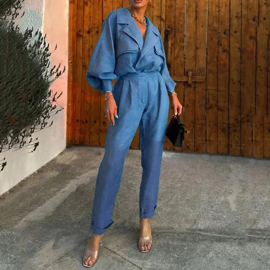 Heidi-Mode | Damen Blaue Jacke mit Langen Ärmeln und Langen Hosen, Modischer Revers